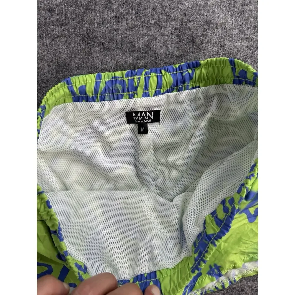 Bohooman Swim Shorts Mens Medium Trunks Lime Green Graffiti Mesh Lined N46